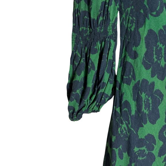 Peter Som Green Floral Print Crepe Long Sleeve Square Neck Midi Dress Size 6 - Picture 12 of 16
